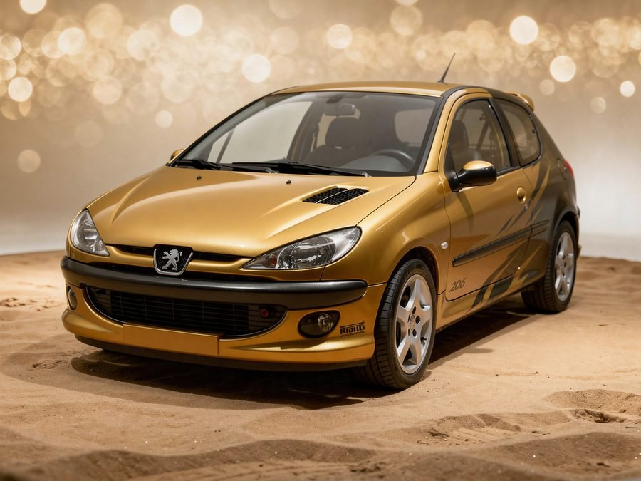 La Peugeot 206 couleur Or de l'association f26, posée sur le sable