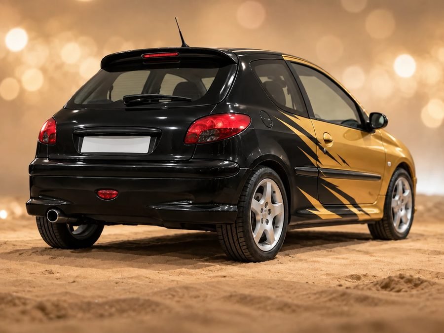 Trois quarts arrière de la Peugeot 206 noir et or de l'association f26, sur le sable