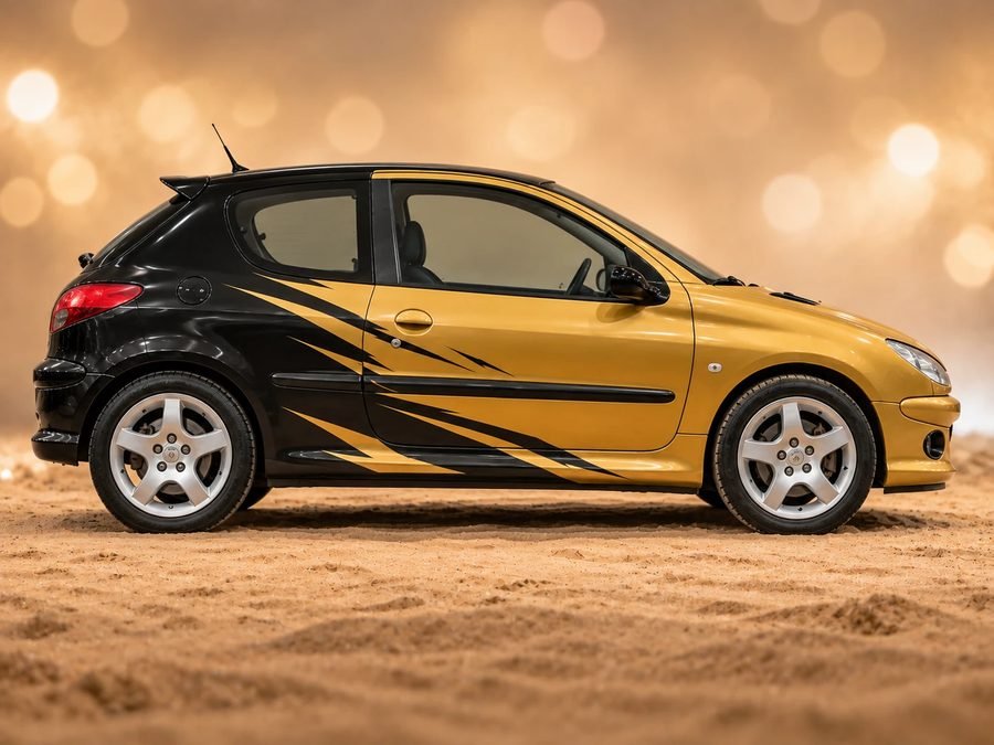 Profil de la Peugeot 206 noir et or de l'association f26, sur le sable
