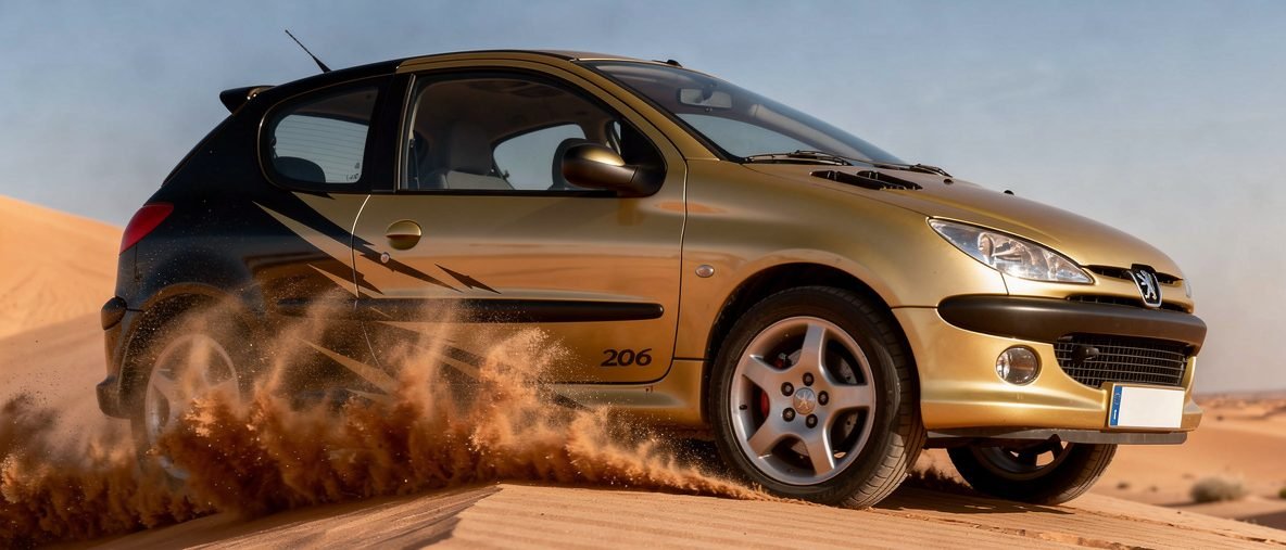 Une Peugeot 206 couleur Or soulevant le sable sur une dune du désert