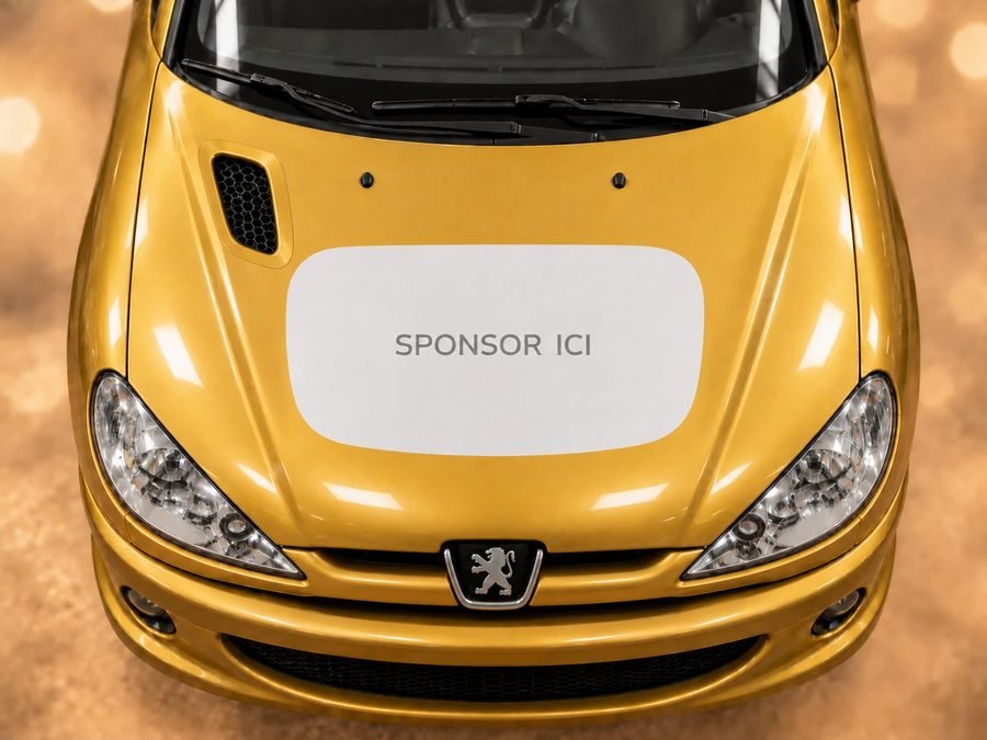 Le capot de la Peugeot 206 f26 avec un emplacement libre réservé à un logo partenaire