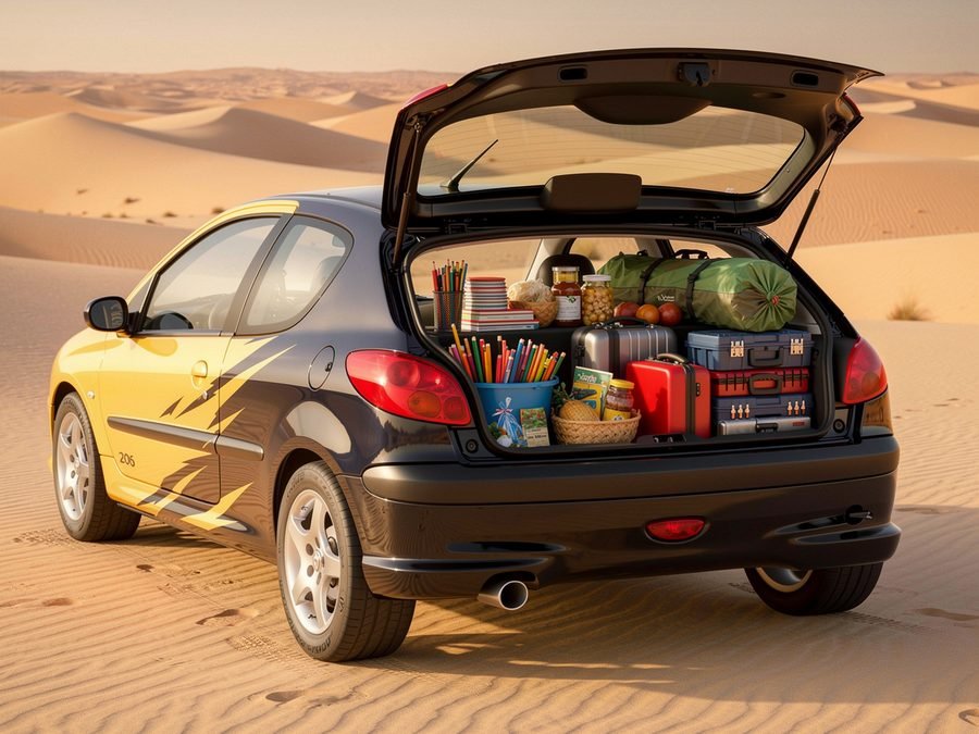 Le coffre d'une Peugeot 206 chargé de fournitures scolaires, de denrées et de matériel de bivouac, dans le désert